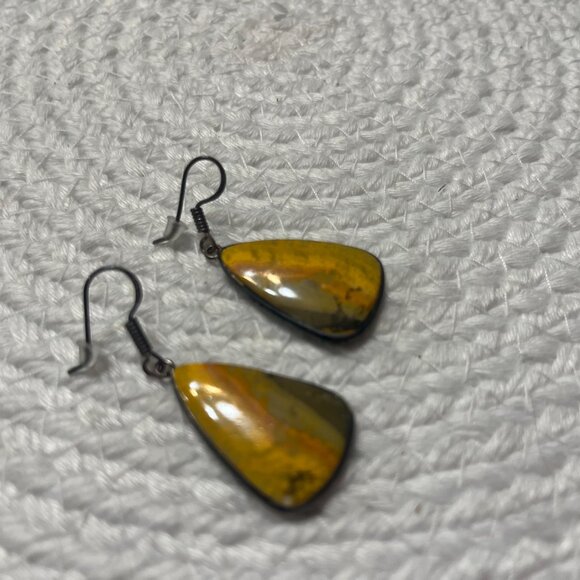 Rustic BUMBLE BEE JASPER Handmade Black Metal Dangle Earrings #745D - Picture 3 of 3